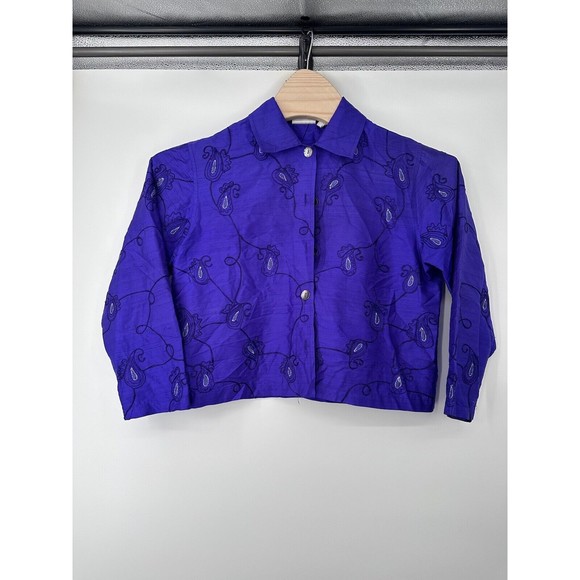 Vintage Chicos Cardigan Silk 1 Medium Blue Embroidered Lightweight Shell  Button - Picture 1 of 9